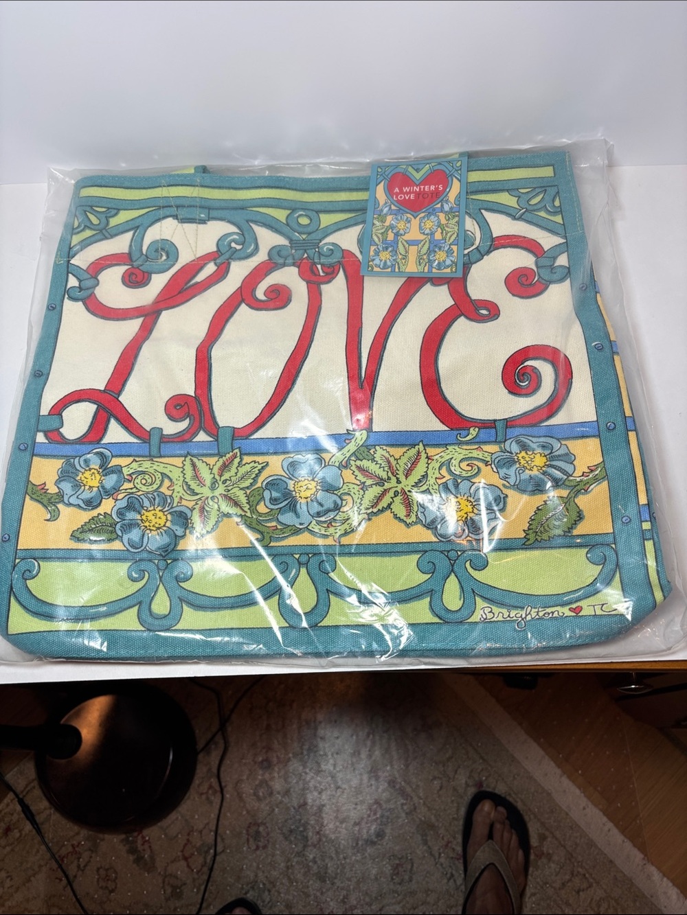 Brighton tote with Red LOVE Script and Teal Floral Border